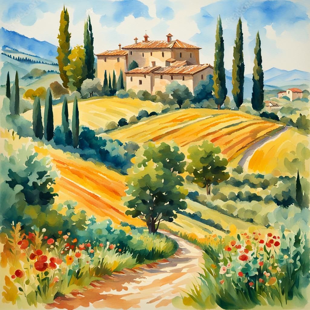 Picturesque Italian Countryside in Gouache Style
