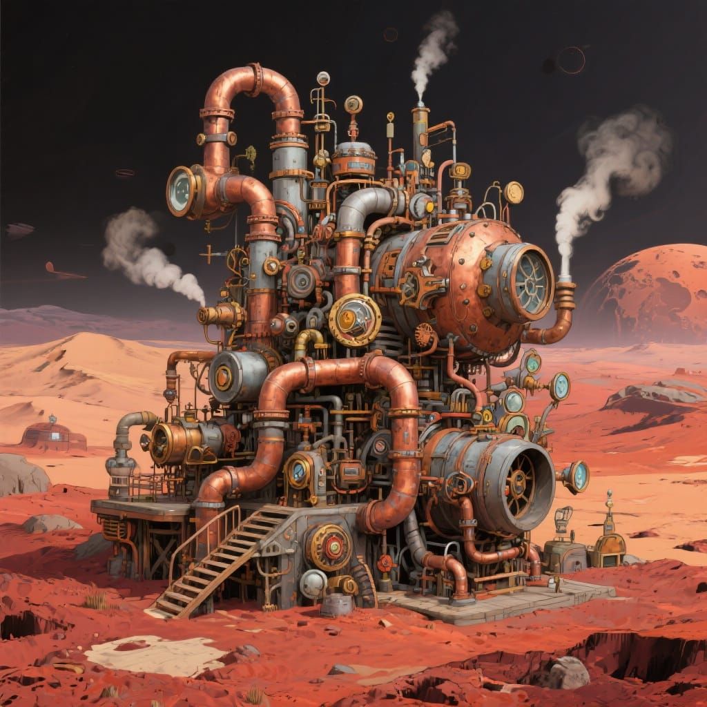 Steampunk Contraption on Barren Mars Landscape