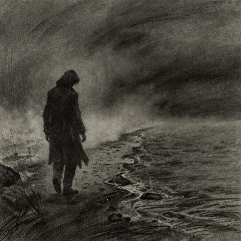 Charcoal Drawing of Soul Burdened by Dark Fate