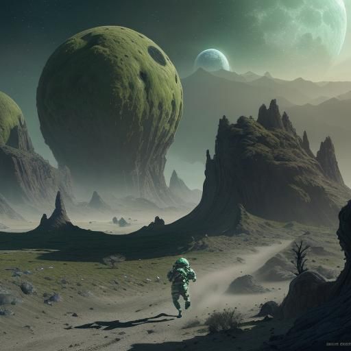 Astronauts Escape Giant Alien on Moonscape