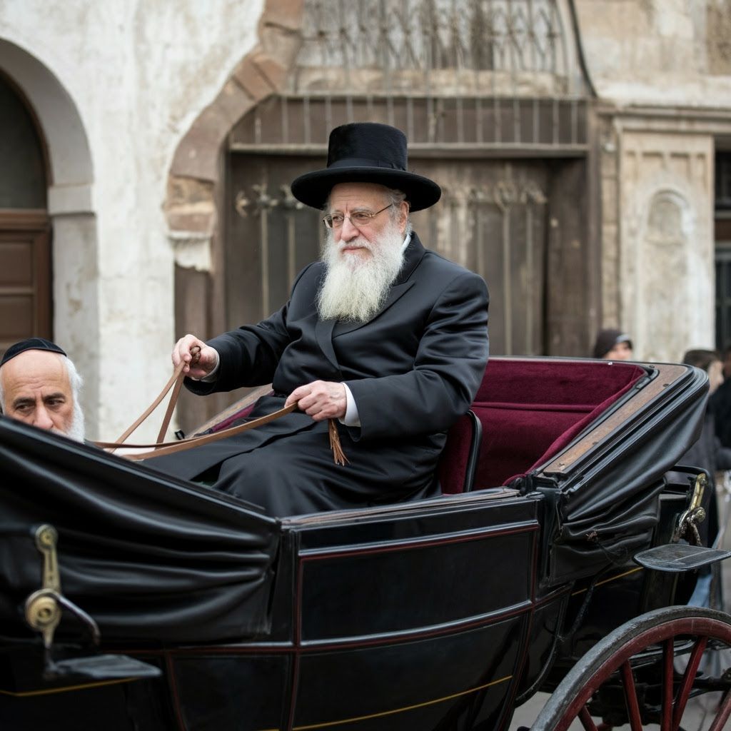 Rebbe of Sanz Rides in Horse-Drawn Carriage