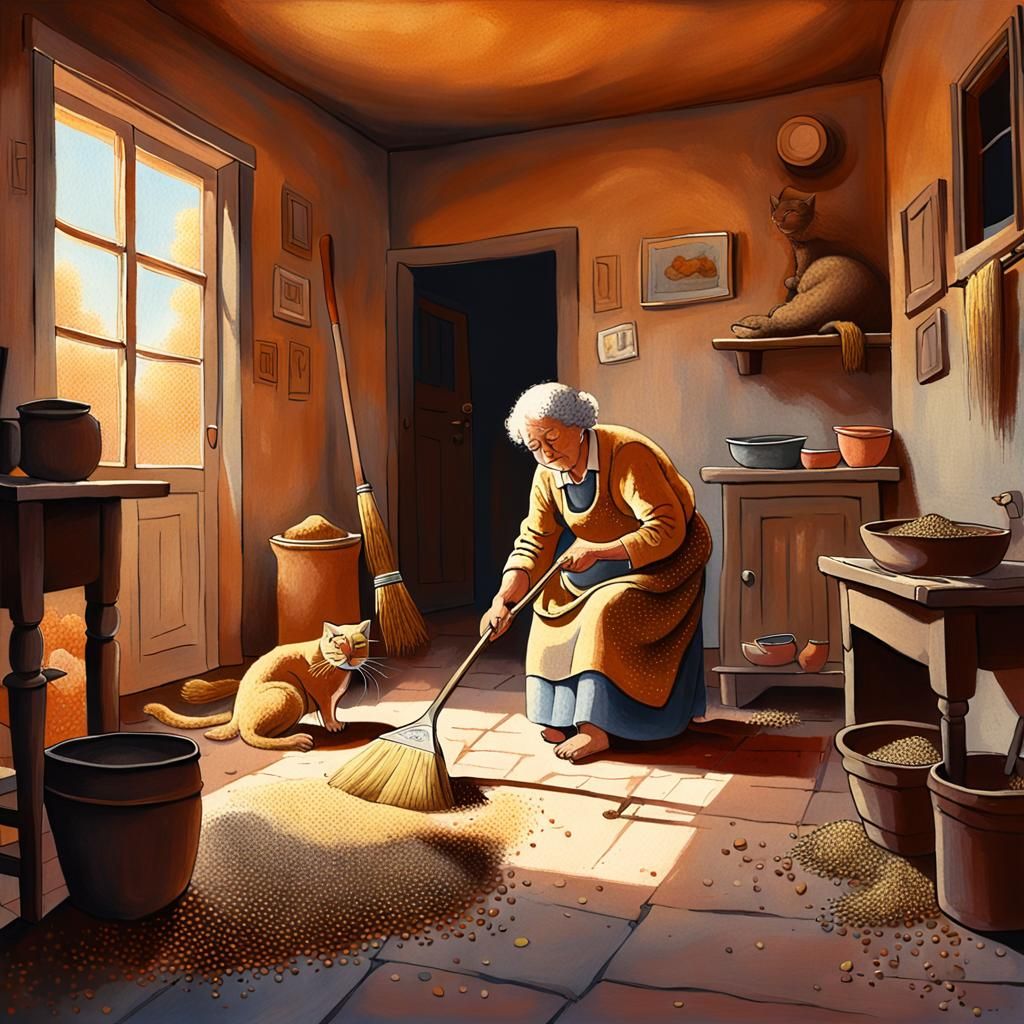 Pointillist Painting of a Woman and Cat