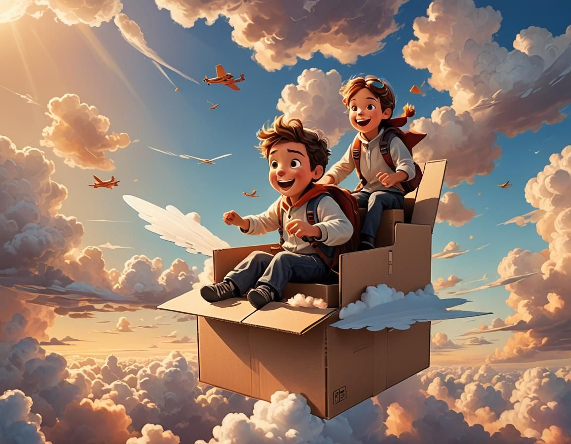 Siblings Fly Cardboard Plane at Sunset: 3D Digital Art