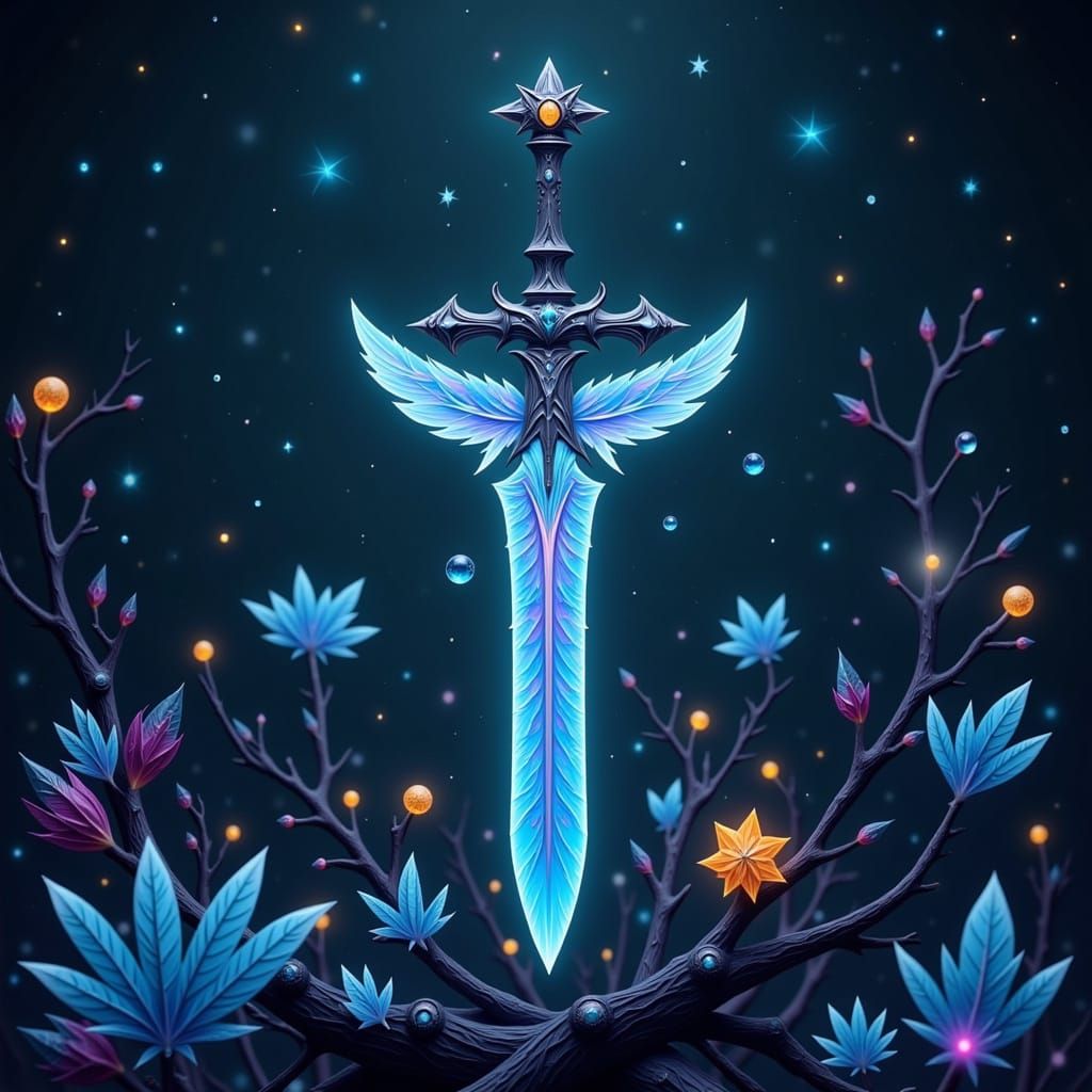 Ethereal Sword with Iridescent Scales and Wild, Glowing Fur