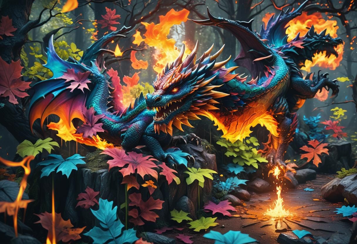 Majestic Dragon Breathing Fire in Mystical Forest