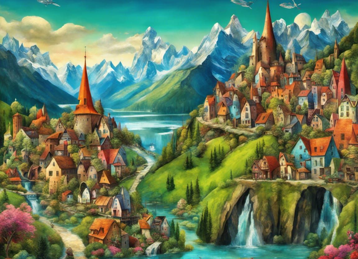 Enchanted Village Landscape with Majestic Mountains