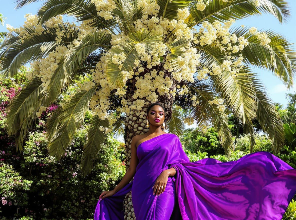 African American Woman in Purple Sari, Tropical Garden Portr...