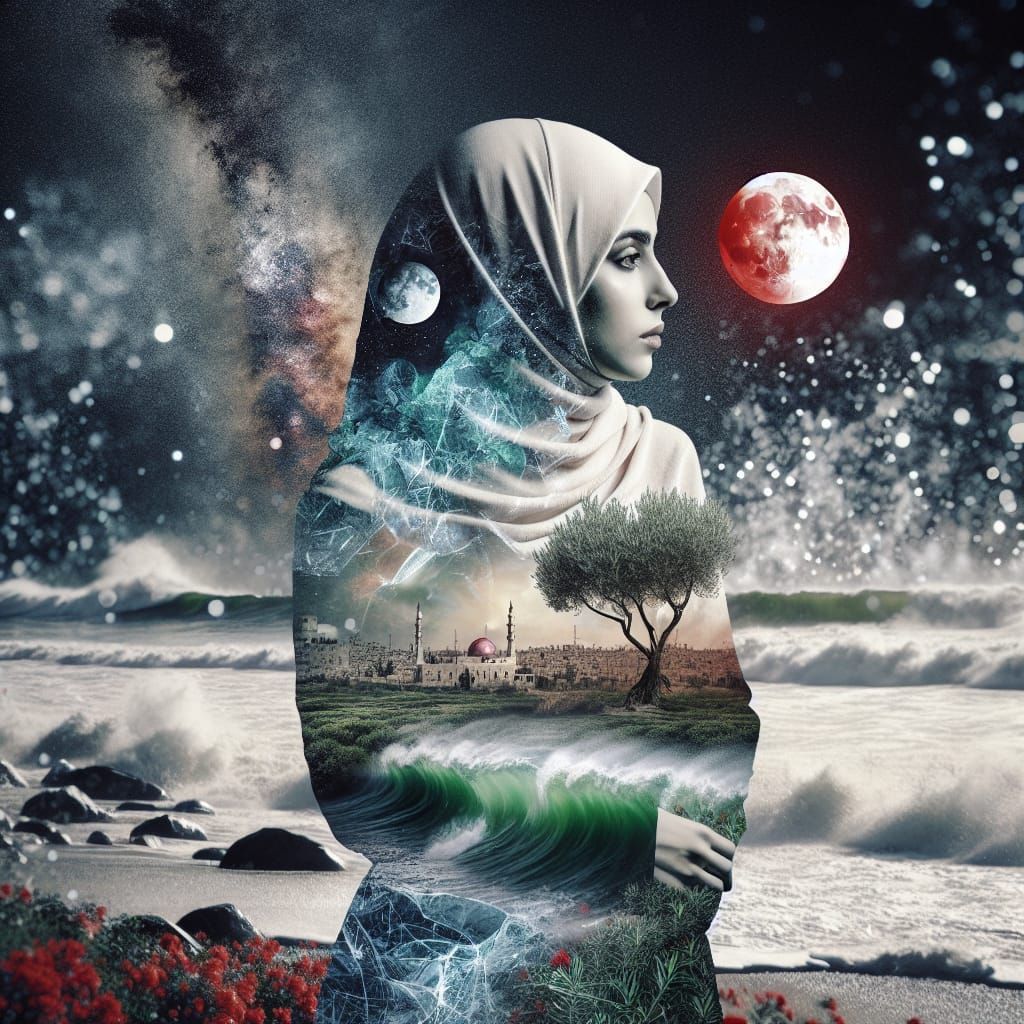 Palestinian Woman Made of Ice and Water Under Full Red Moon