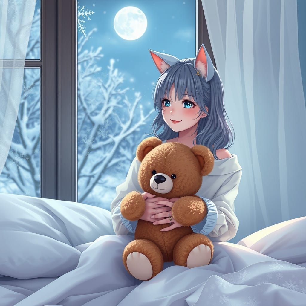 Snowy Winter Scene with Anime-Style Woman and Teddy Bear