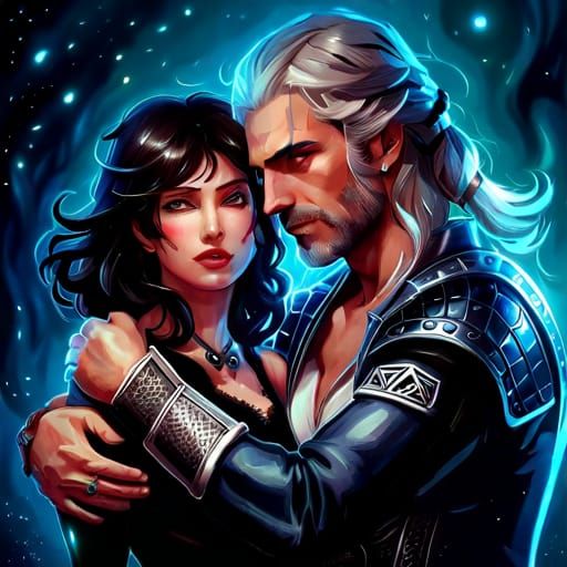Geralt and Yennefer Embrace in Rococo Style