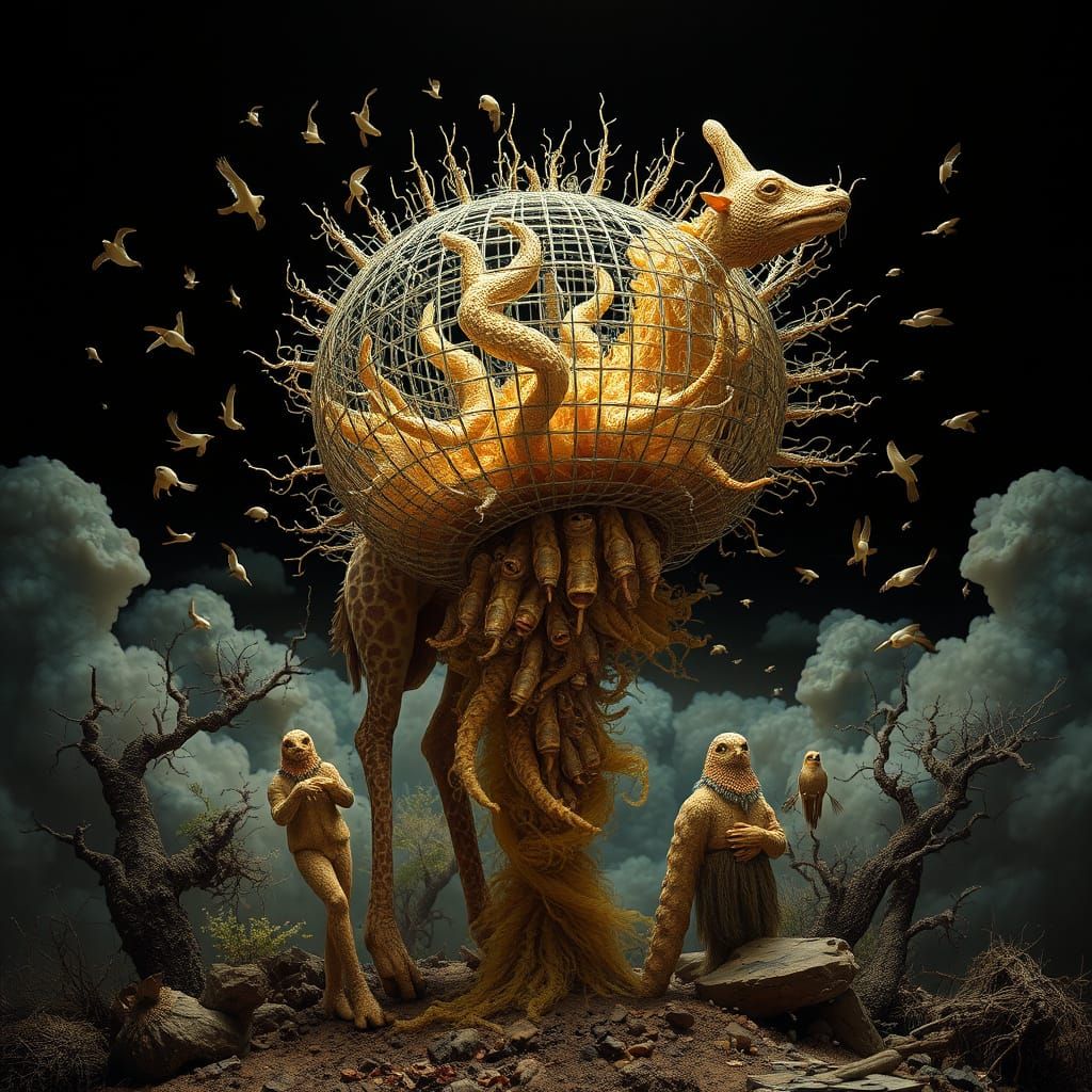 Surreal Giraffe Pufferfish Lifeform in Intricate Birdcage