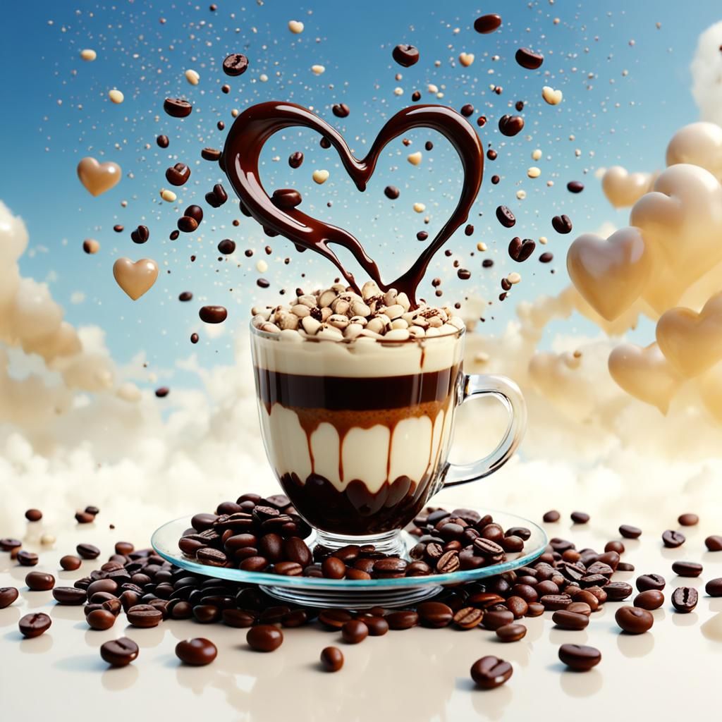 Cappuccino with Chocolate Heart in Surreal Coffee Bean Rain