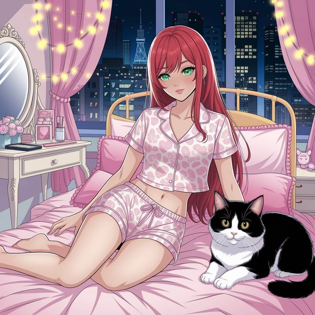 Japanese Woman with Cat in Tokyo Bedroom, Anime Art