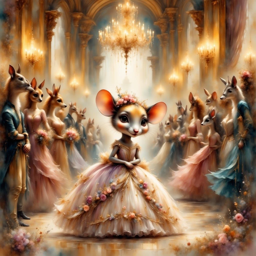 Mouse Enters Ballroom in 18th-Century Style Gown