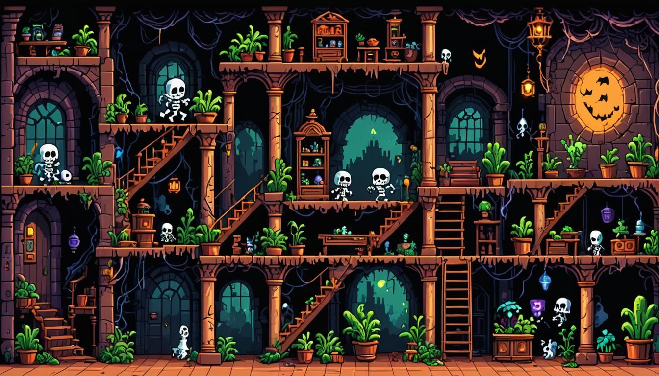Retro Pixel Art Haunted House Platformer Level