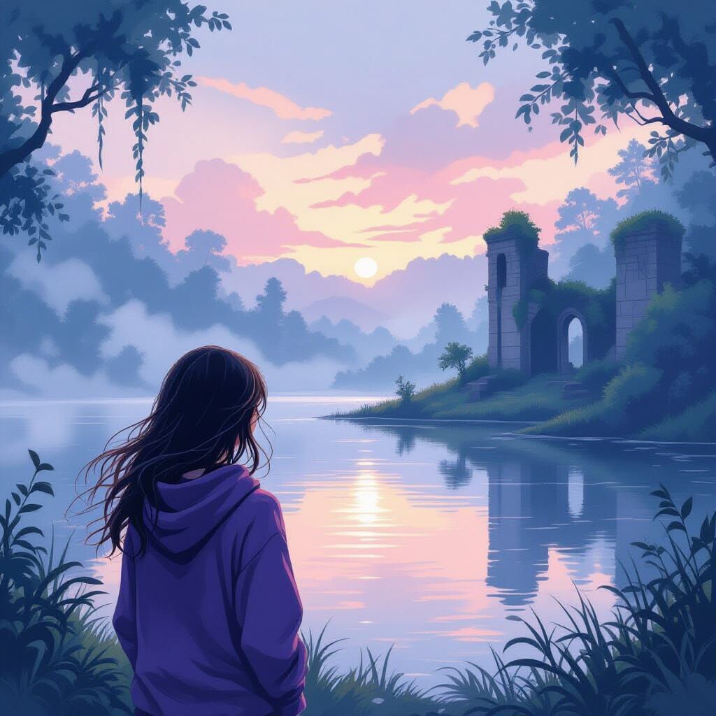 Woman Contemplates Misty Lake Dawn in Watercolor Style