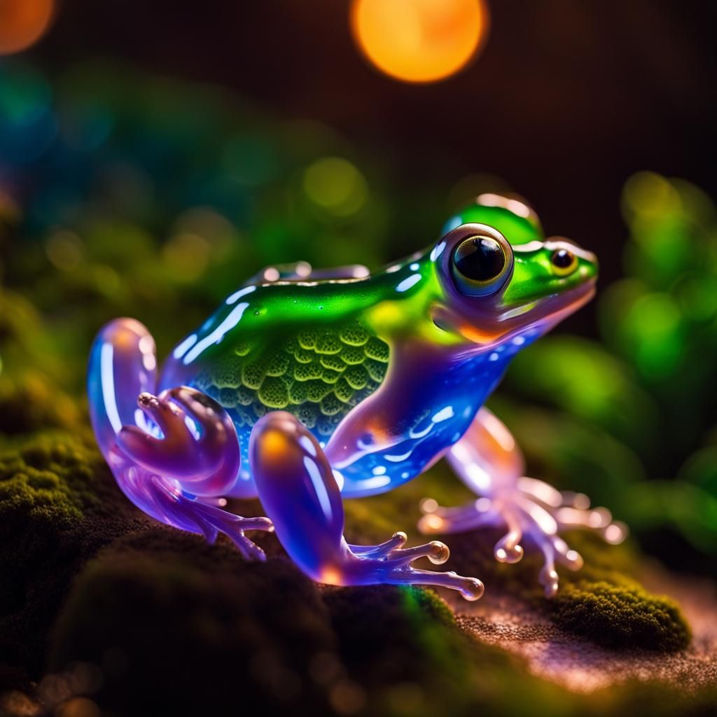 Translucent Glass Dragon Frog with Waterfall: Macro Photo