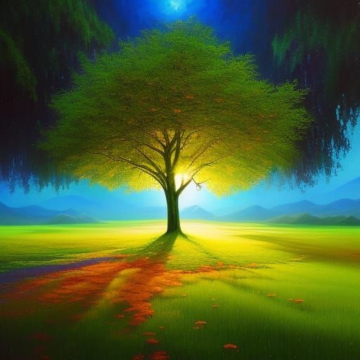 Tree in Glass Globe: Hyperdetailed Triadic Concept Art