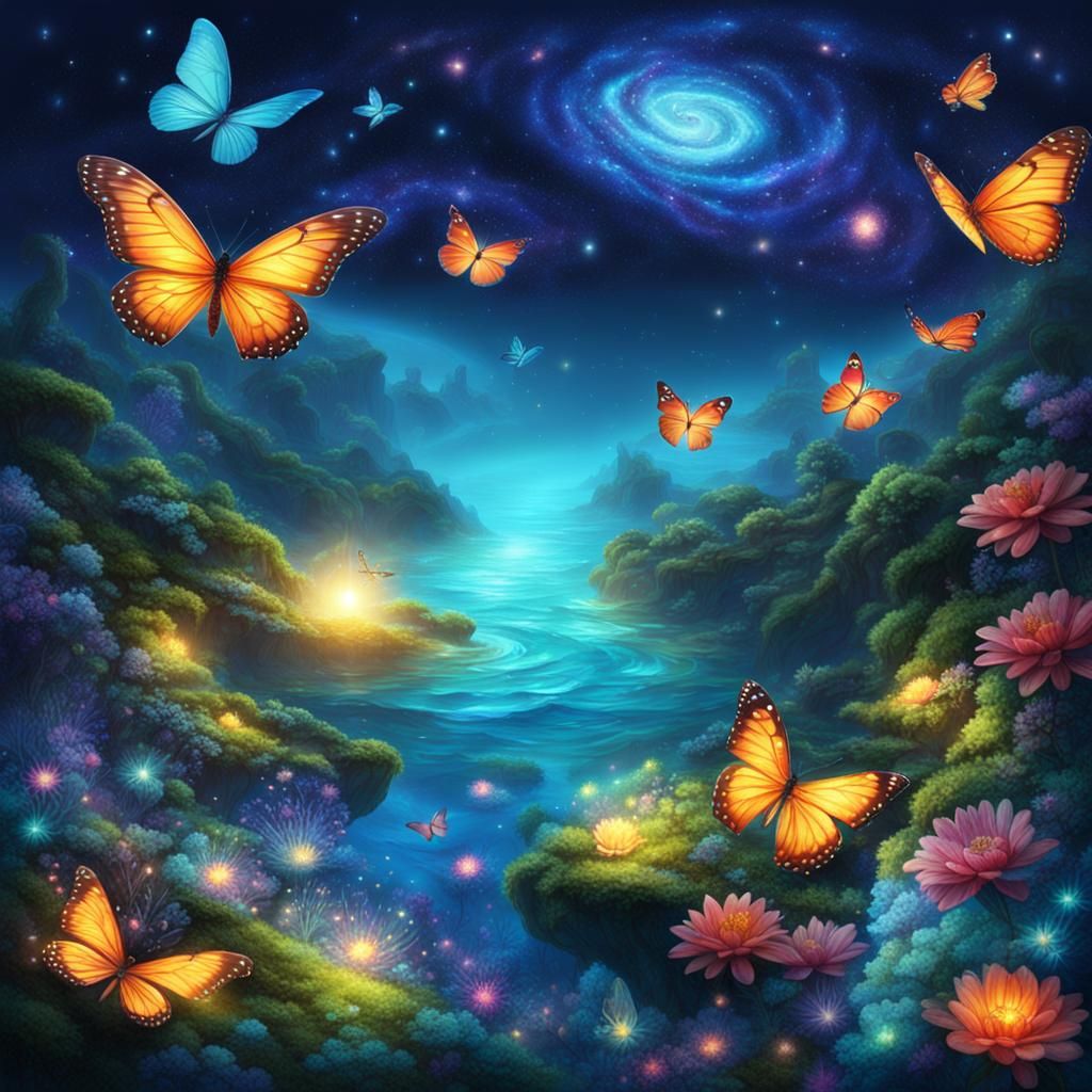 Glowing Ocean Galaxy with Fairy and Butterflies