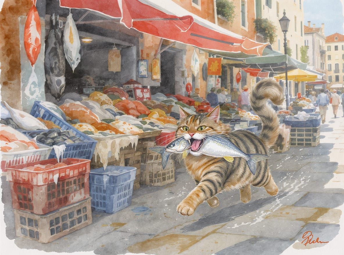 Watercolor Cat Grins With Fish Stolen From Venice Market