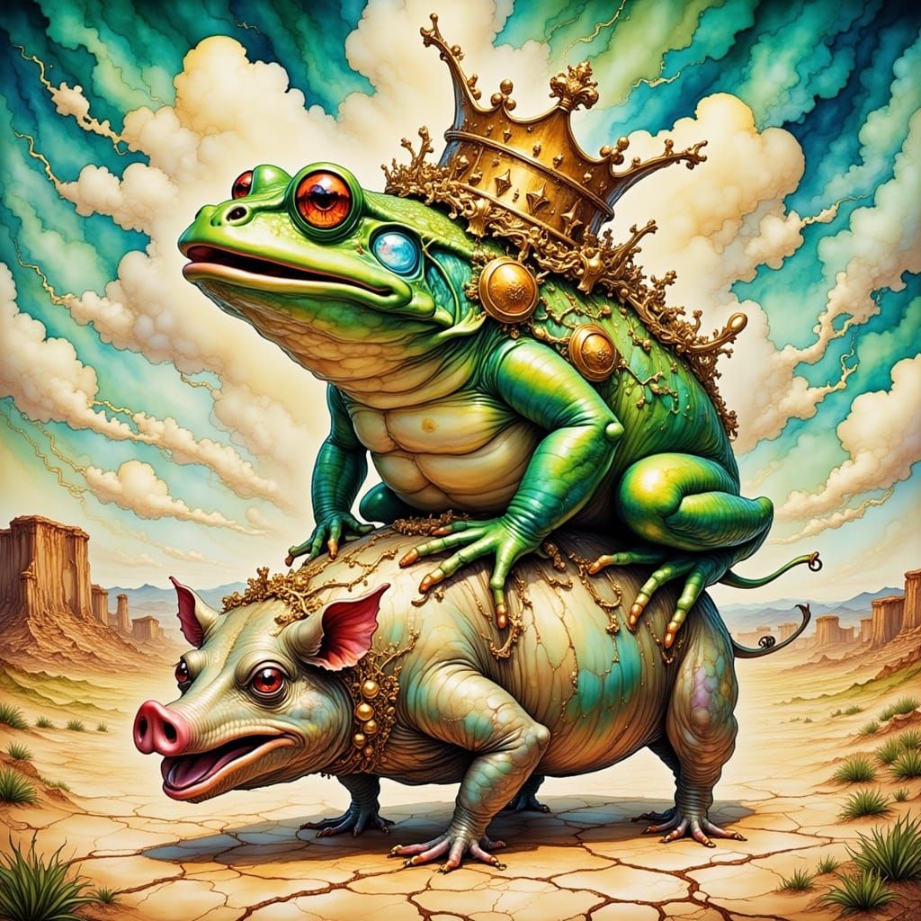 Fantasy Frog King Rides Majestic Pig Across Dreamy Desert