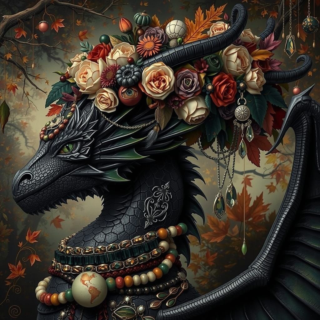 Dragon with Autumn Flowers in Baroque Gothic Style