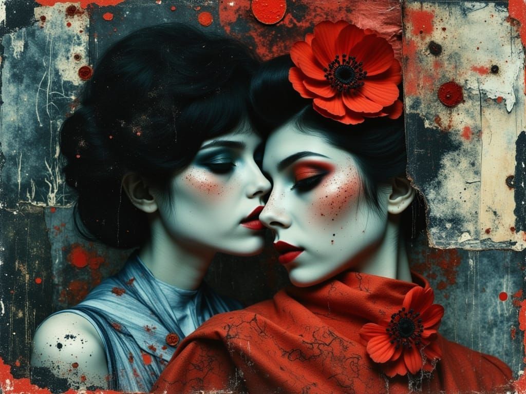 Geisha Love Scene in Surreal Double Exposure Style