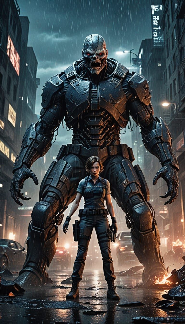 Nemesis Tyrant type G and Jill Valentine in Dark, Rainy City...