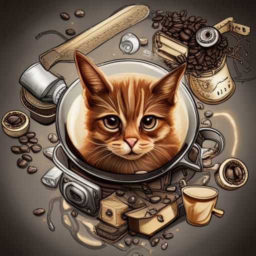 Hyperrealistic Cat and Coffee T-Shirt Design