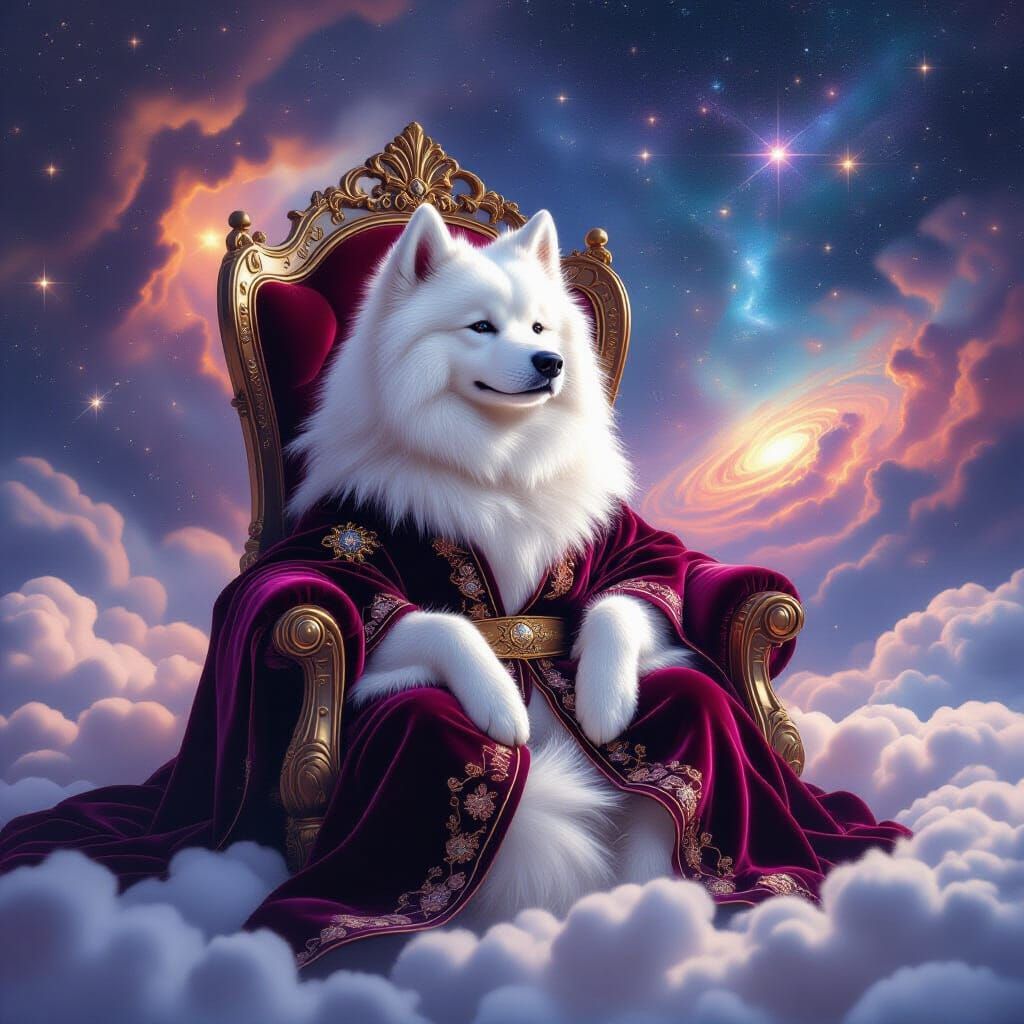 Samoyed Dog King on Cloud Throne