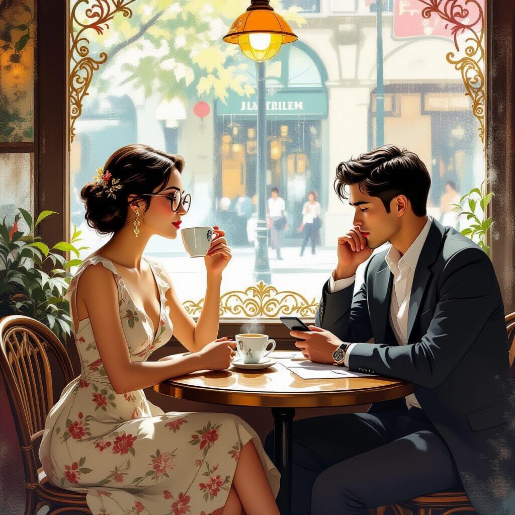 Elegant Woman in Coffee Shop, Alphonse Mucha Style