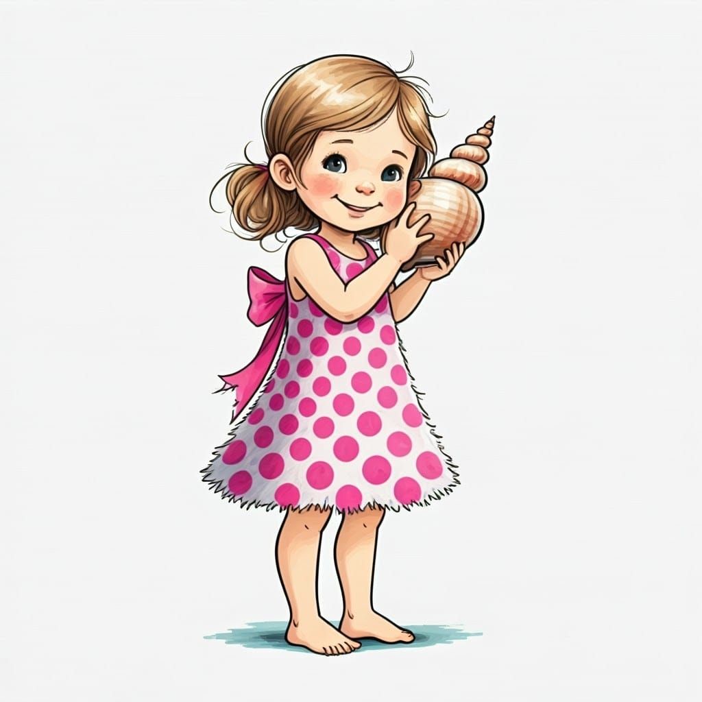 Girl with Seashell: Whimsical Hand-Drawn Illustration