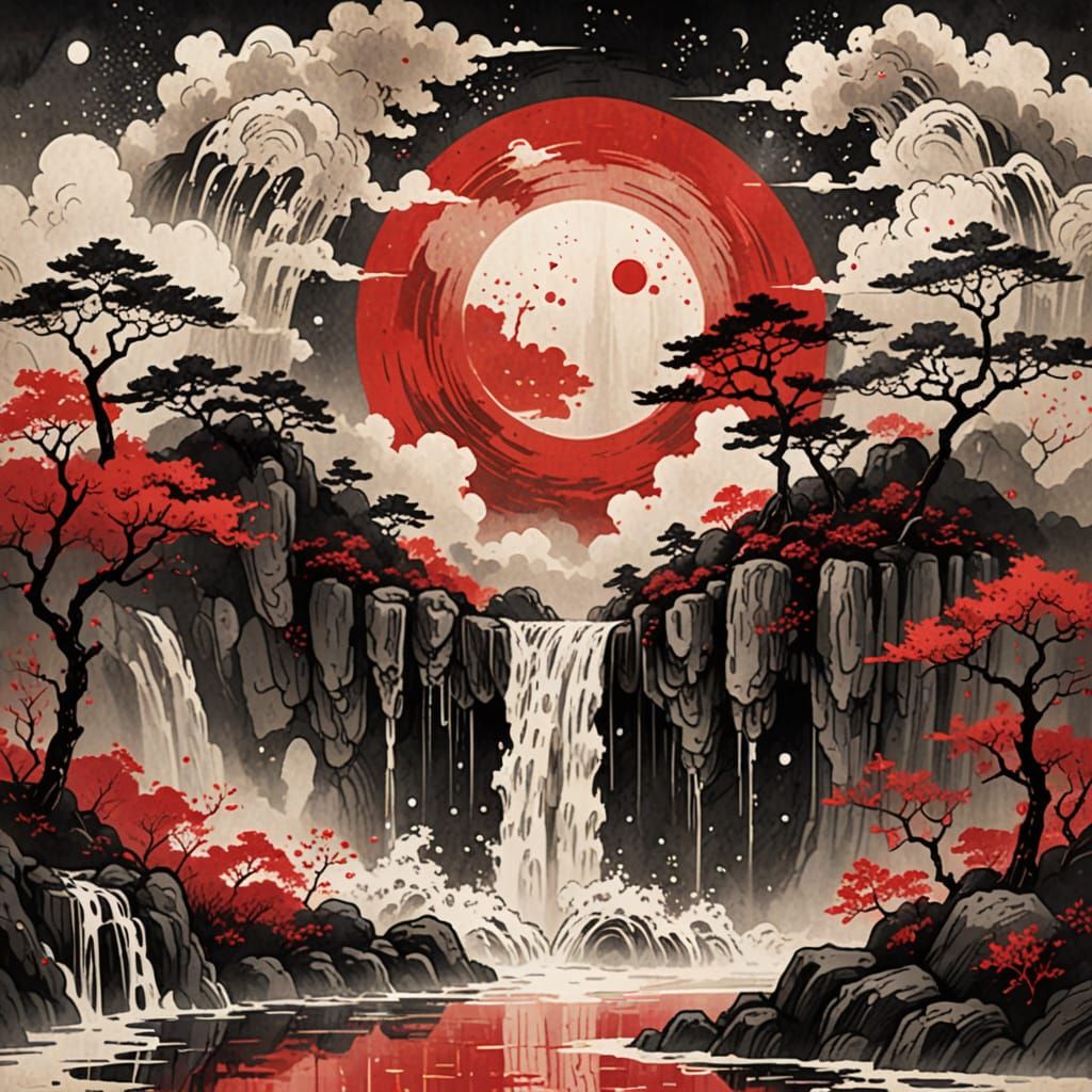 Occult Waterfall in Space as Japanese Ink Painting