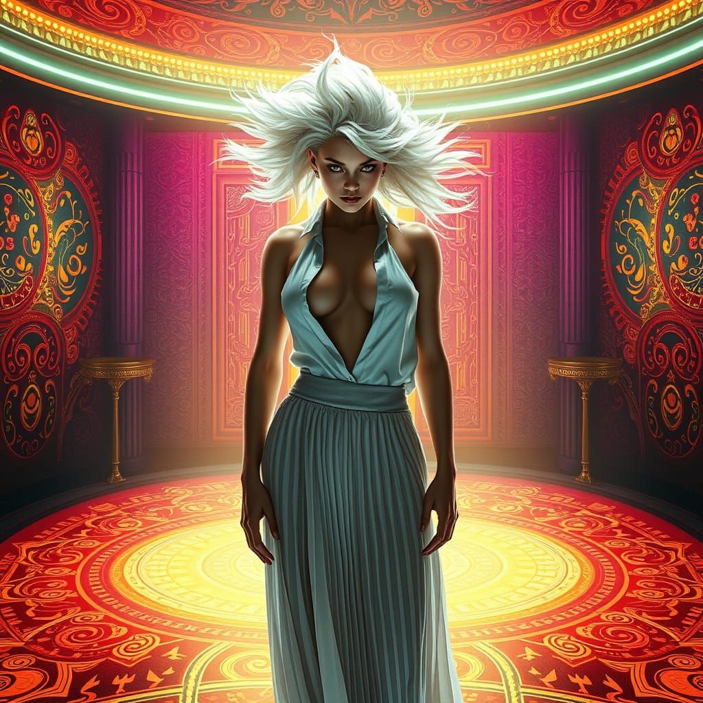 Alien Queen on Neon Stage in Art Nouveau Style