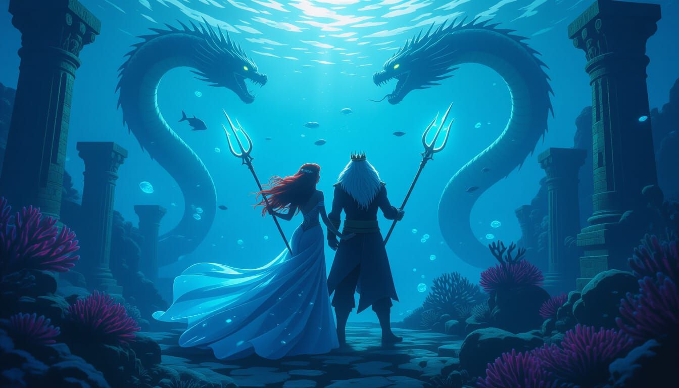 Ariel and King Triton Defend Coral Kingdom