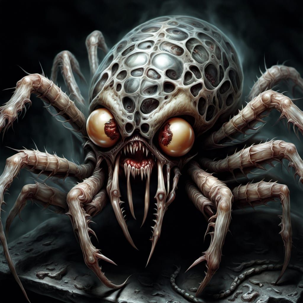 Horrific Spider Guards Eggs in Giger Biomechanical Style