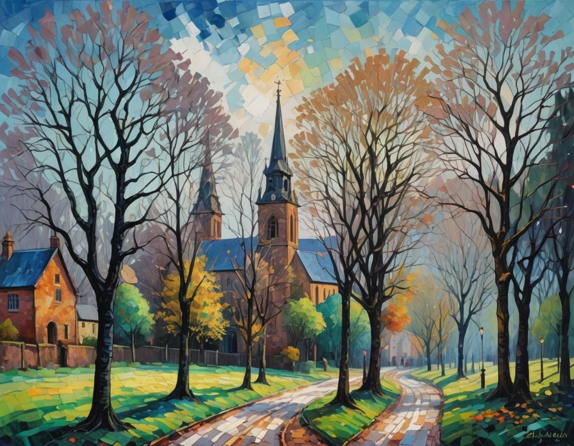 Neo-Impressionist Houses and Church in Expressionist Style