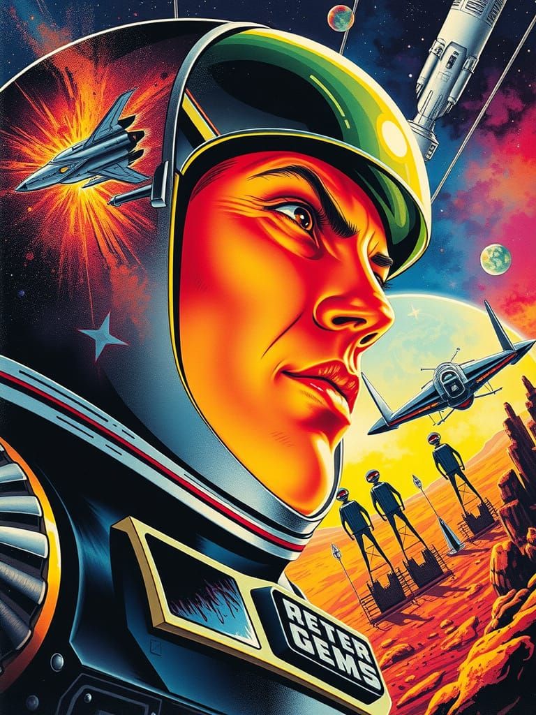 Vibrant 1950s-Style Sci-Fi Comic Art with Hyperrealistic Spa...