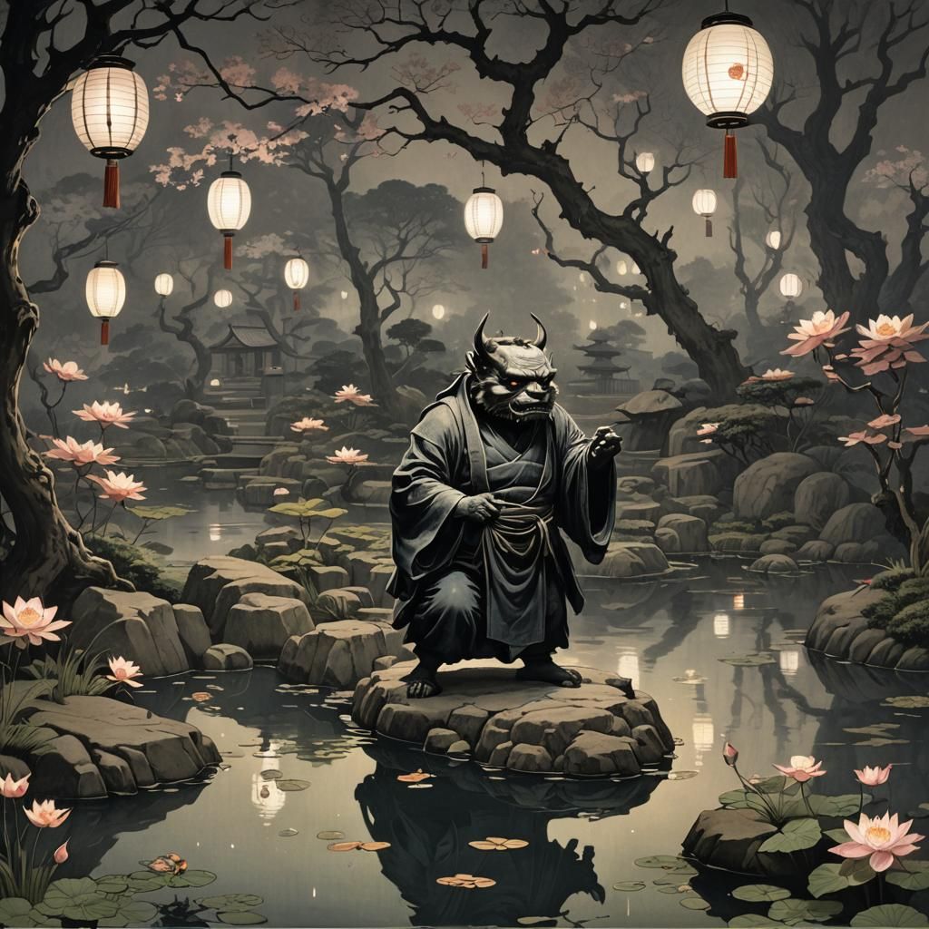 Oni in Japanese Garden at Night