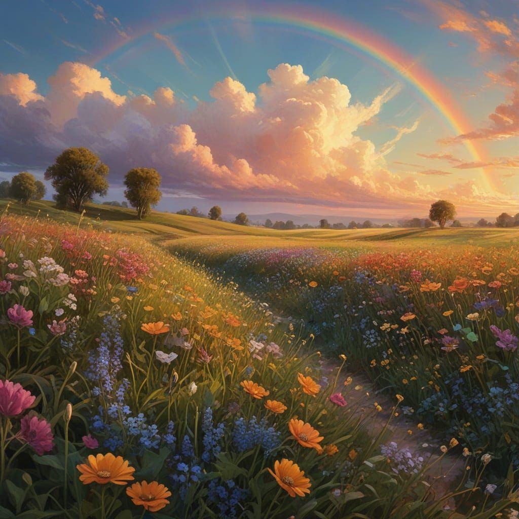 Vast Flower Field Under Rainbow Sky Oil Painting