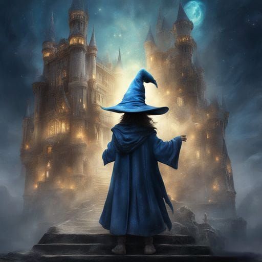 Nebula Wizard Emerges from Dark Castle: Dark Fantasy Art