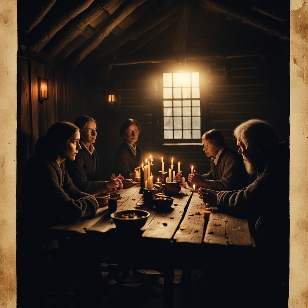 Eerie Puritan Gathering in Dark Cinematic Film Still