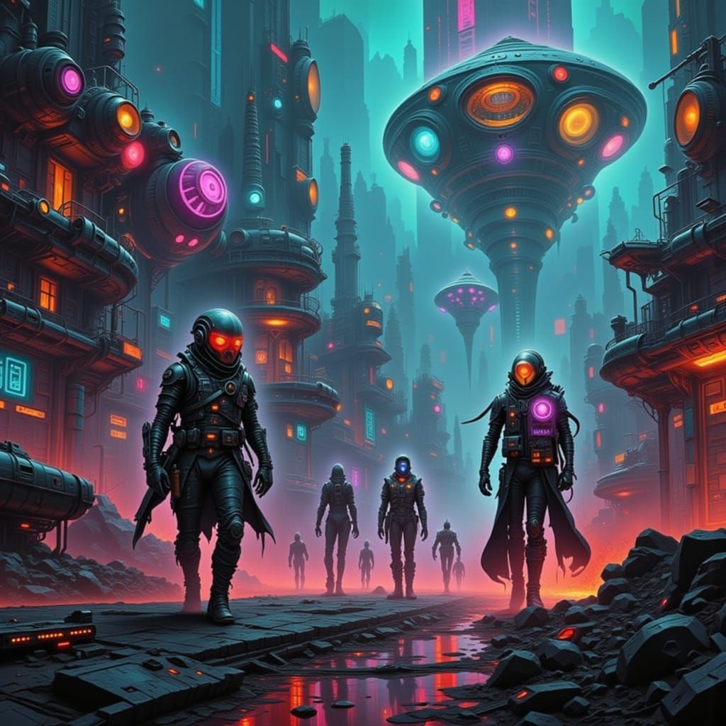 Futuristic Cityscape with Humans, Robots, and Aliens