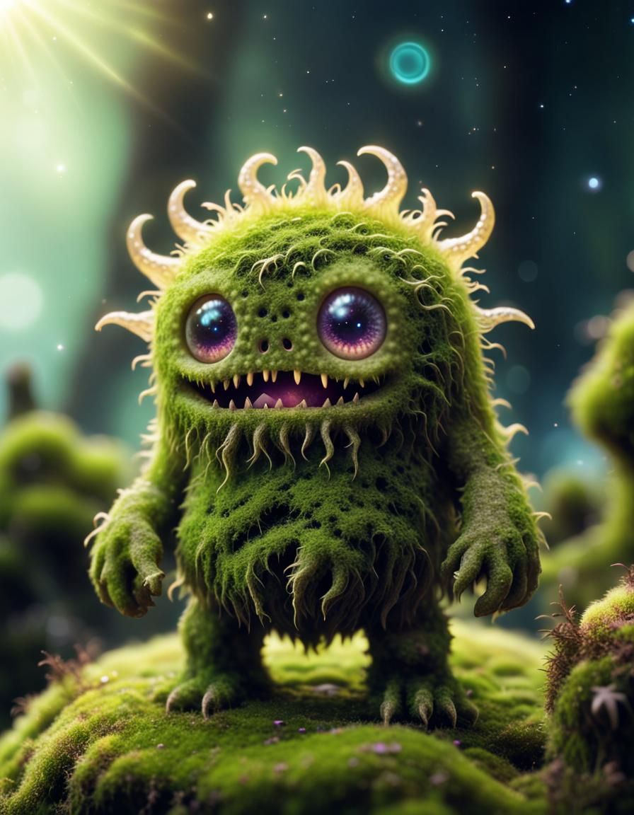 Creepy Cute Moss Monster with Galaxy Background