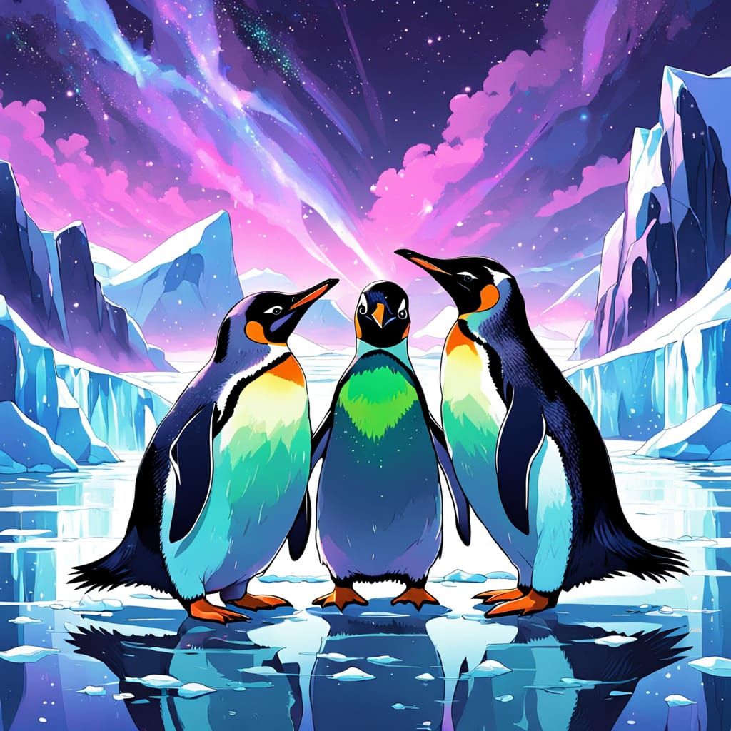 Romantic Penguins Under the Antarctic Night Sky