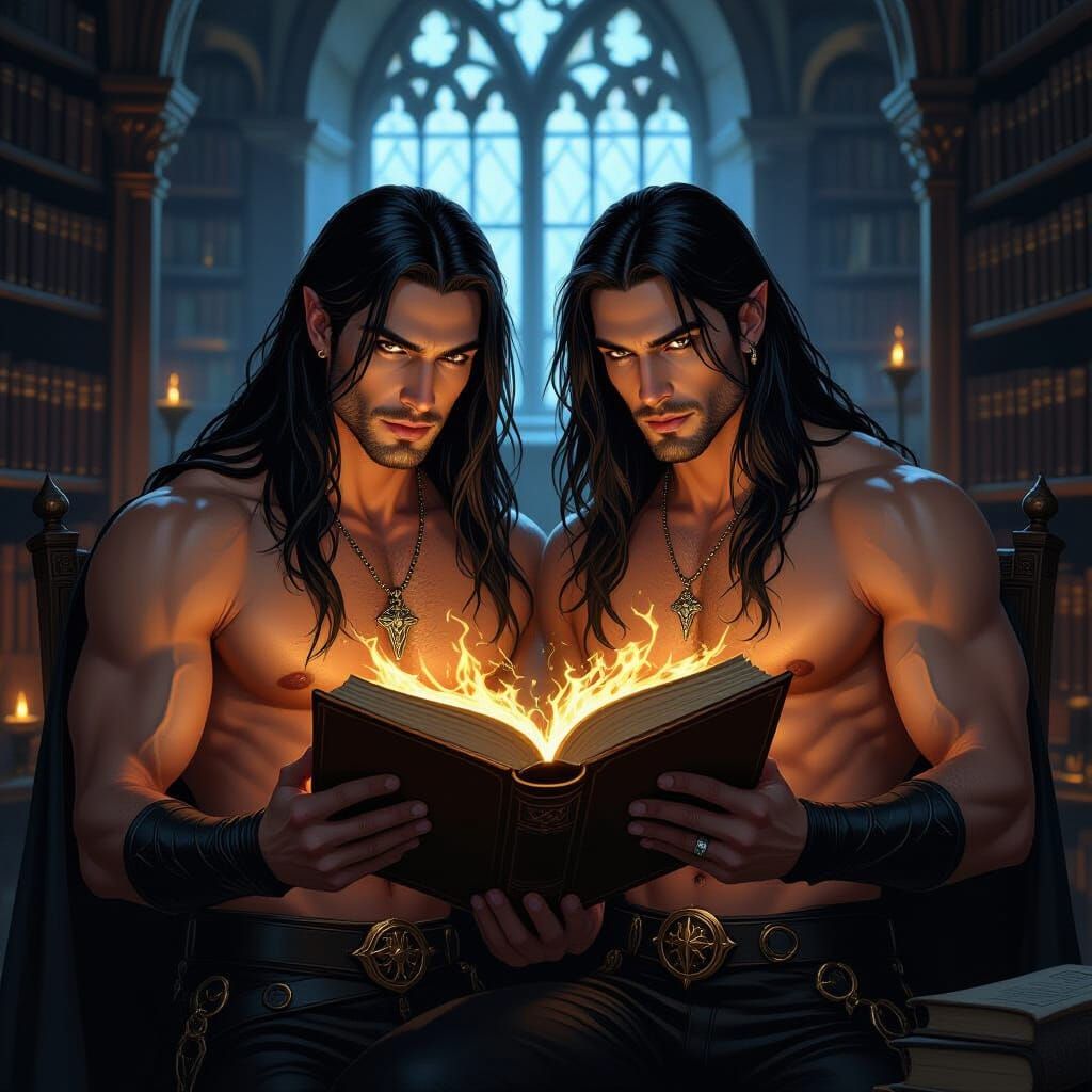 Handsome Witch Twins Reading Ancient Magic Book