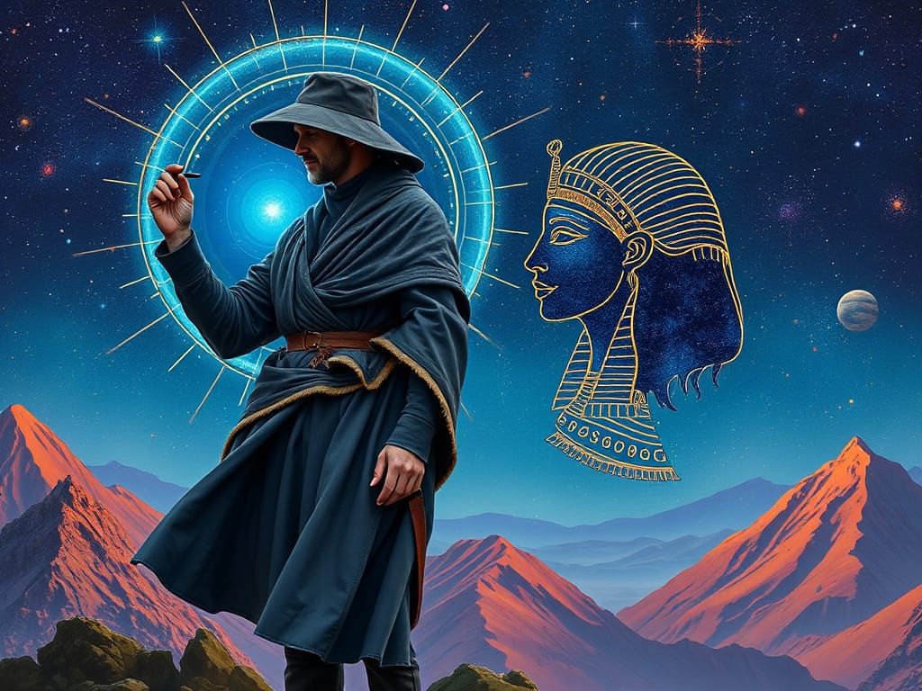 Man in Scientific Attire Draws Cosmic Scene on Mountain