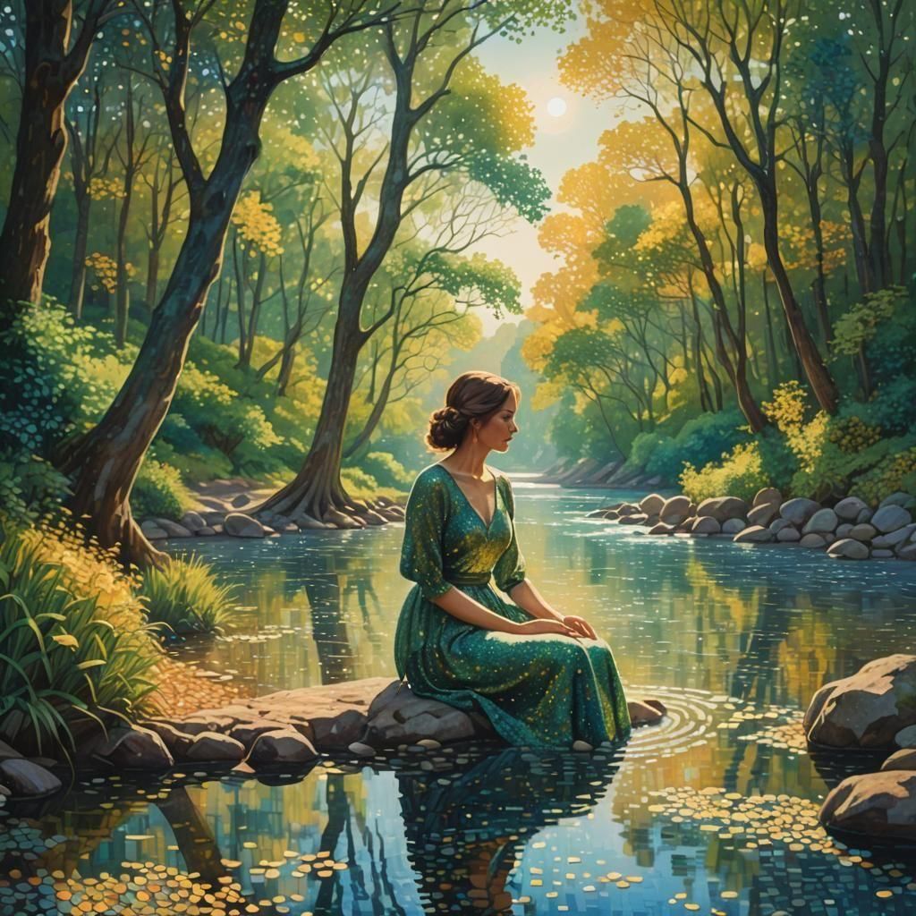Pointillist Woman Immersed in Nature by River