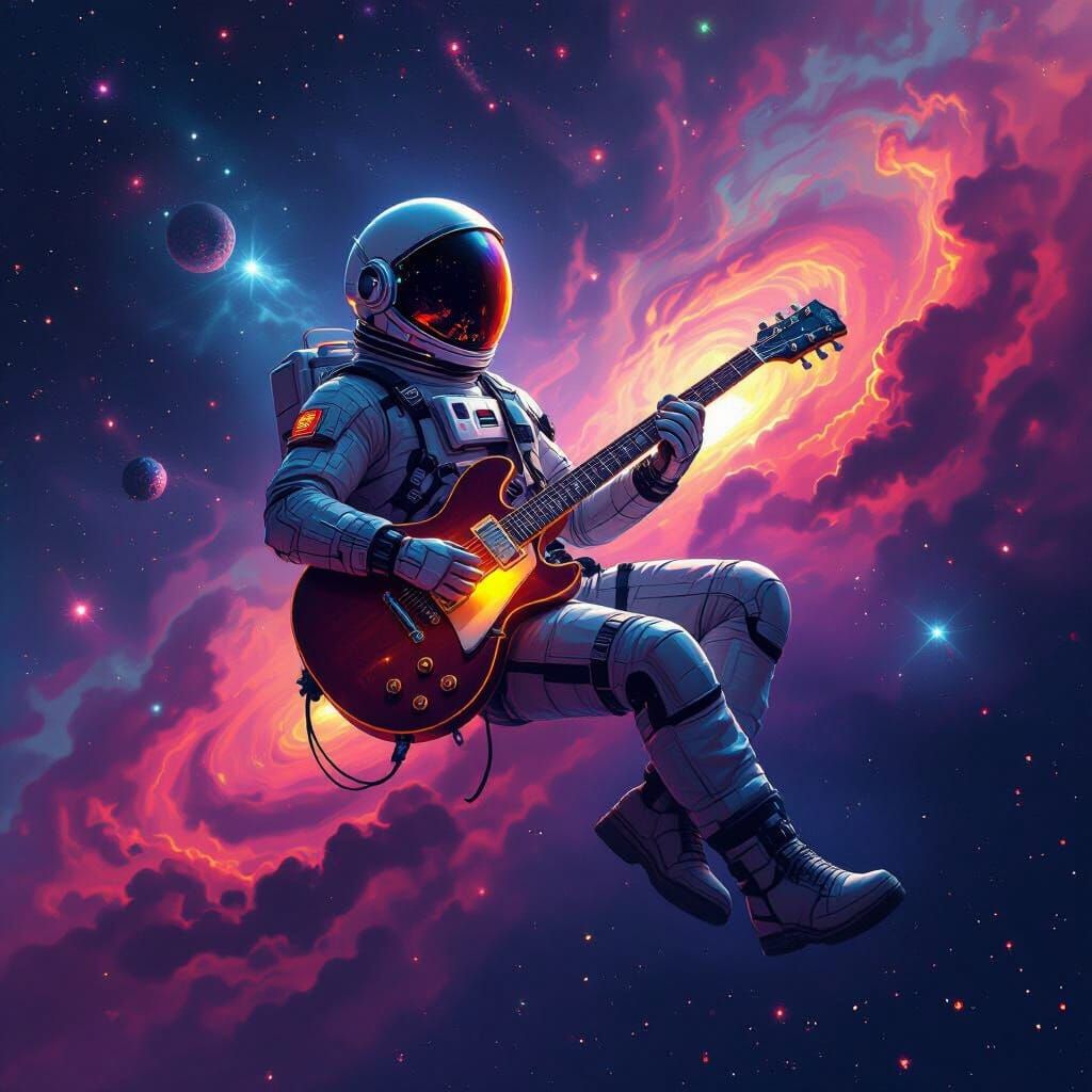 Astronaut with Guitar in Psychedelic Nebula