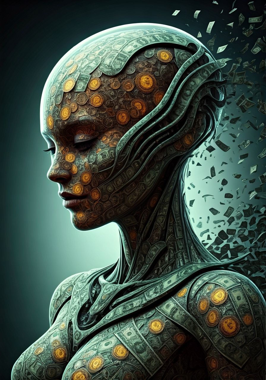 Dark Fantasy 3D Render: Figure Dissolving into Money